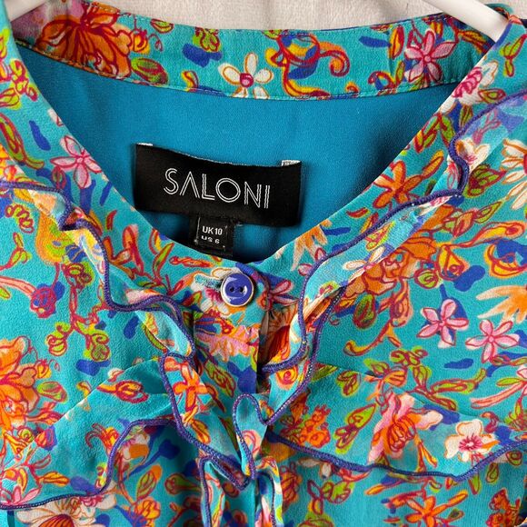 Saloni Silk Tilly Ruffle Turquoise Floral Print Mini Dress Size 4 / Small - Picture 7 of 7